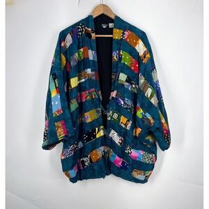 Nativewear Designs Womens Teal Patchwork Tie Dye Kimono Jacket Oversized Medium